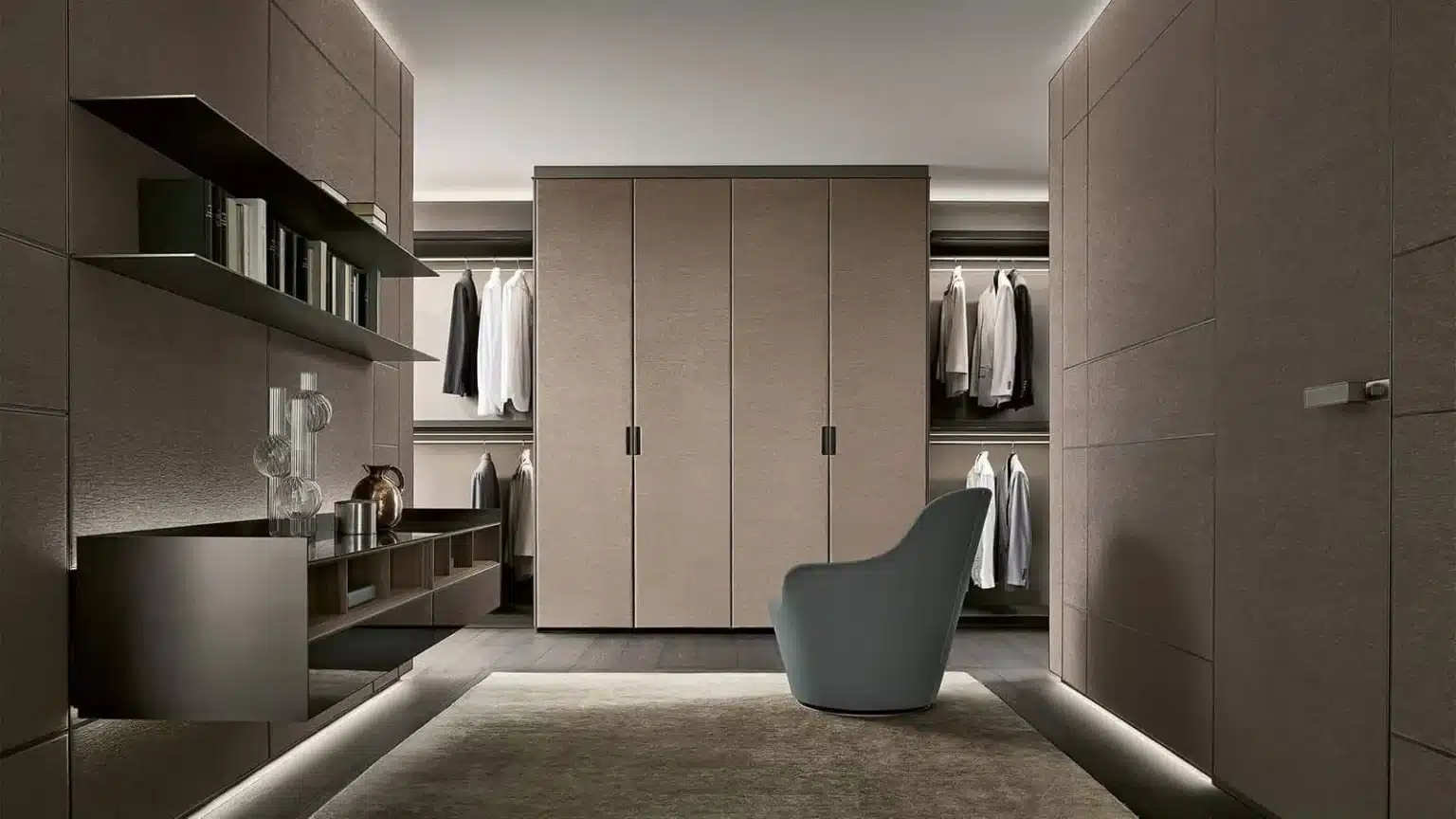 chique hotelslaapkamer thuis design Italiaanse luxe Rimadesio studio Rotterdam noctum. Rimadesio MOdulor storage garderobekasten bekleed met textiel