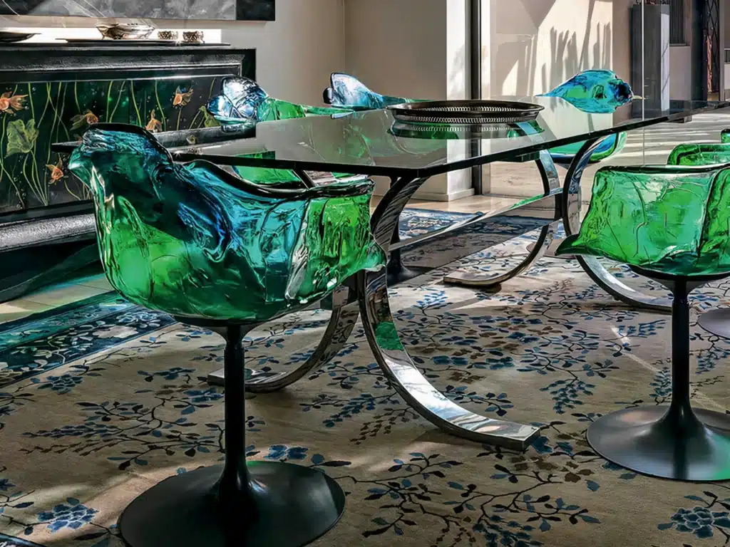 De Ella stoelen van Edra, ontworpen door Jacopo Foggini, staan rond een glazen eettafel in een modern interieur. De stoelen, gemaakt van handgevormd polycarbonaat in groen en blauw, hebben een sculpturale vorm en een draaibare metalen voet. De transparante tinten van de stoelen creëren een speels licht- en schaduwspel, wat het design extra diepte geeft en perfect integreert in luxe eetkamers.