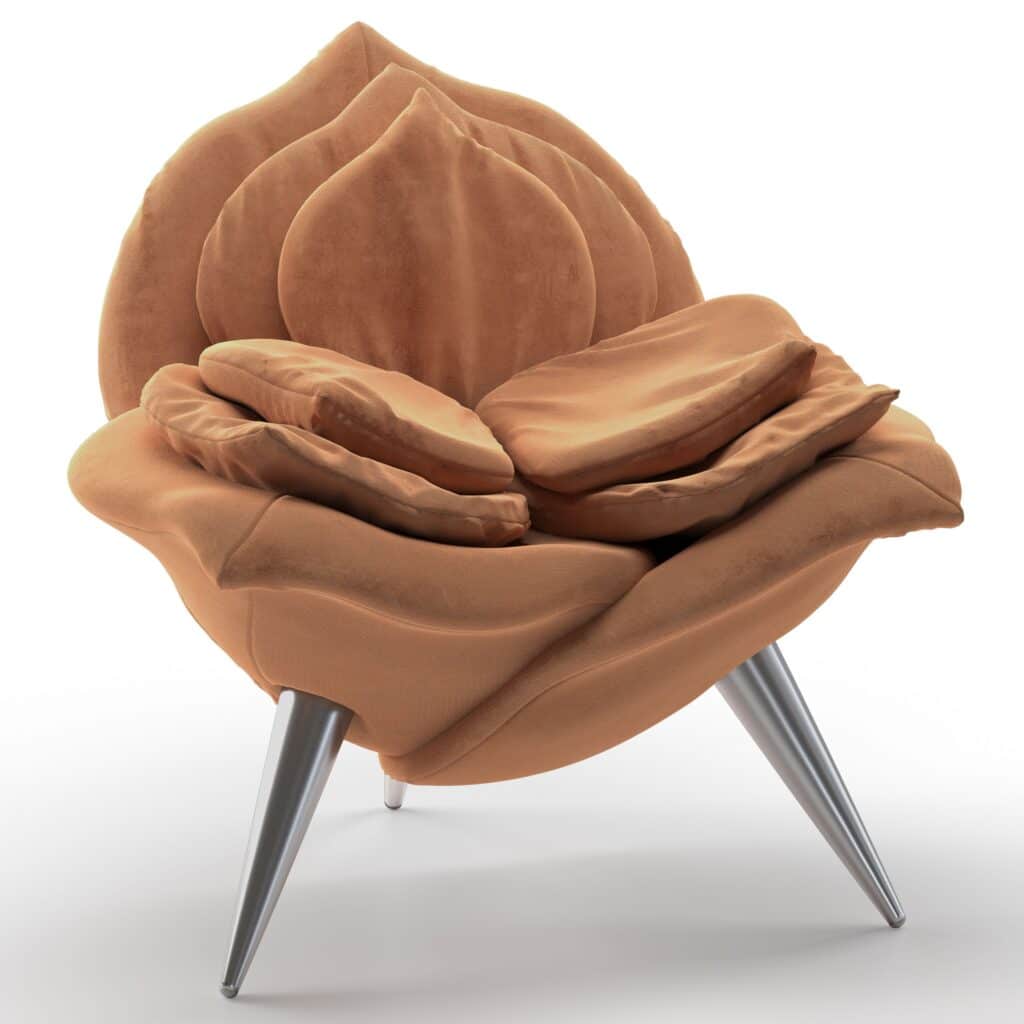 design cosy stoel in cognac kleurig fluweel materiaal edra rose chair